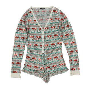 Wildfox Intimates Holiday Thermal Romper Fox Print Button Front Pajamas Small